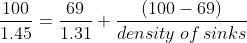 \frac{100}{1.45} = \frac{69}{1.31} + \frac{(100-69)}{density\: of\: sinks}